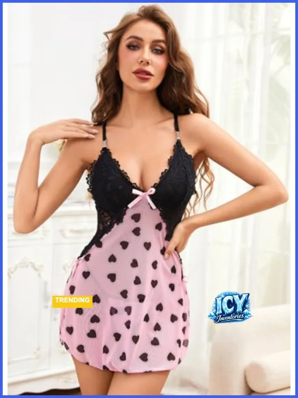 Sheer Mesh Babydoll Lingerie with Lace Trim and Side Tie Adjustable Straps